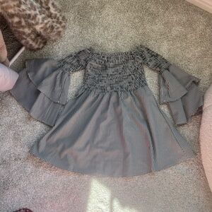 Dark grey and white striped dress bell sleeves